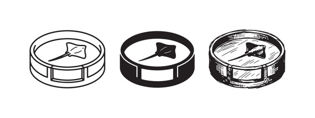 Three isometric vector illustrations of a ray fish in a banded circular container, rendered in outline, solid fill, and hand-drawn sketch styles. © Ірина Гринюк