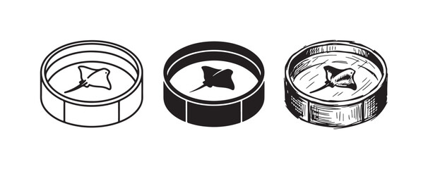 Set of three isometric vector illustrations showing a ray fish inside a circular container, presented in outline, solid black, and sketchy hand-drawn styles. © Ірина Гринюк
