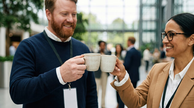 Business professionals toast coffee at modern office meeting