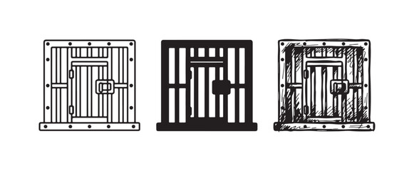 Obraz premium Prison Cell Door Icons Set: Outline, Solid Silhouette, and Hand-Drawn Sketch Styles for Confinement and Imprisonment