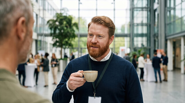 Red-bearded man networking and chatting at bright event