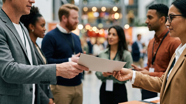 Diverse professionals exchanging documents at modern business event