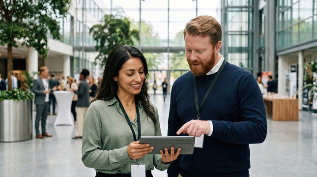 Business professionals networking in large modern office space