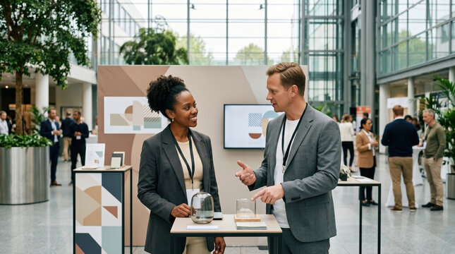 Diverse professionals discussing ideas at conference center
