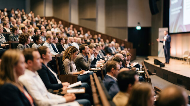 Large conference audience listening to speaker in auditorium