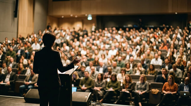 Speaker addresses attentive crowd at conference in auditorium