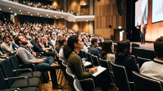 Conference audience listening to business data presentation