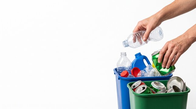 Hands sorting plastic bottles and aluminum cans into recycling bins for waste management and environmental protection