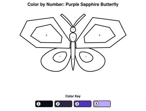 Purple Sapphire Butterfly Color by Number Worksheet for Kids, Printable Jewel Tone Butterfly Coloring Activity, Educational Vector SVG