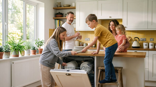 Family doing kitchen chores together on weekend afternoon