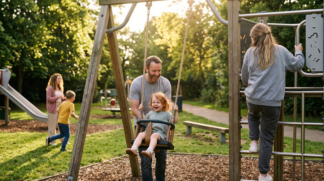 Family enjoying afternoon playtime at park playground