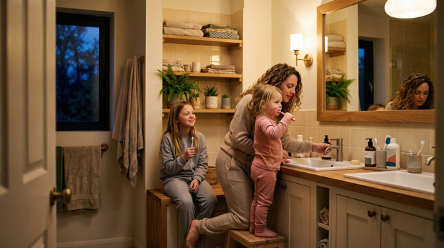 Woman helps child brush teeth in warm plant-filled bathroom