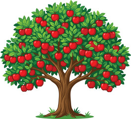 Obraz premium Illustrated Apple Tree with Green Foliage and Bright Red Fruits in Natural Scene