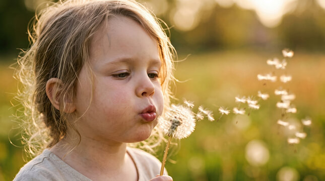 Child blowing dandelion seeds in golden hour meadow light