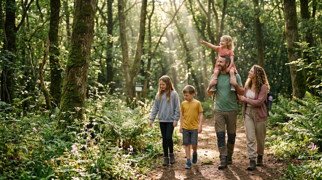 Family walk on forest path with child on shoulders