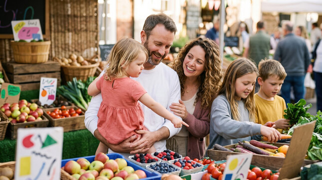 Family shopping for fresh produce at an outdoor market