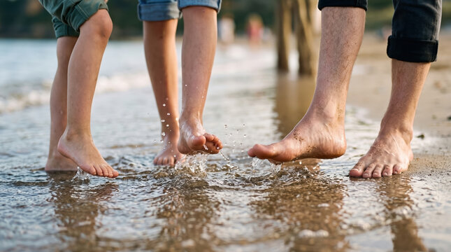 Barefoot family splashing in shallow water at the beach