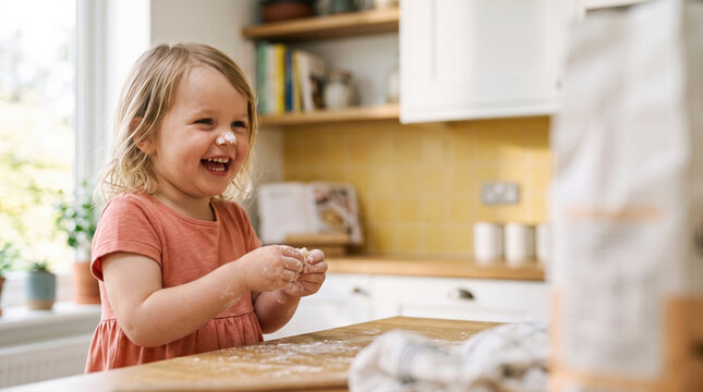 Girl laughing while kneading dough in sunny kitchen