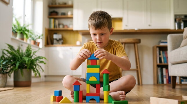 A boy works on stacking blocks in bright colors