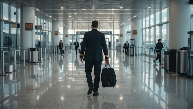 Pilot Walks in an Airport Terminal Carrying Bags Before the Flight to the Next Destination