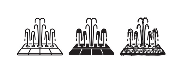 Obraz premium Square Water Fountain Icon Set with Multiple Curved Jets in Line, Solid, and Hand-Drawn Styles