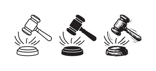 Gavel striking sound block icon set, symbolizing judicial decision or auction in line art, solid silhouette, and detailed sketch forms. © Ірина Гринюк