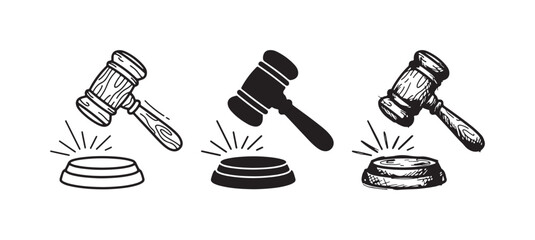 Wooden gavel striking a sound block icon set, representing law and judgment in line art, silhouette, and textured sketch styles. © Ірина Гринюк