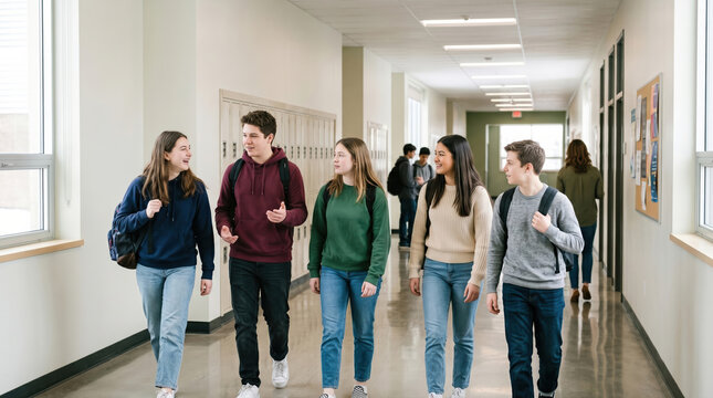 Students walking and chatting together in a school hallway