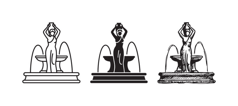 Fountain with a female statue holding a jar, depicted in outline, silhouette, and hand-drawn styles.