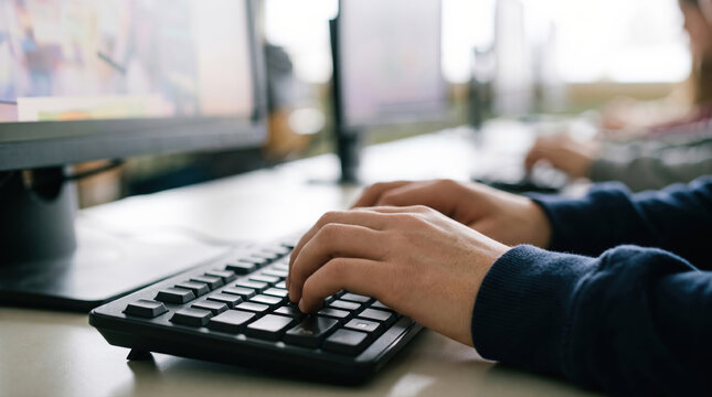 Student typing on keyboard during classroom computer lesson