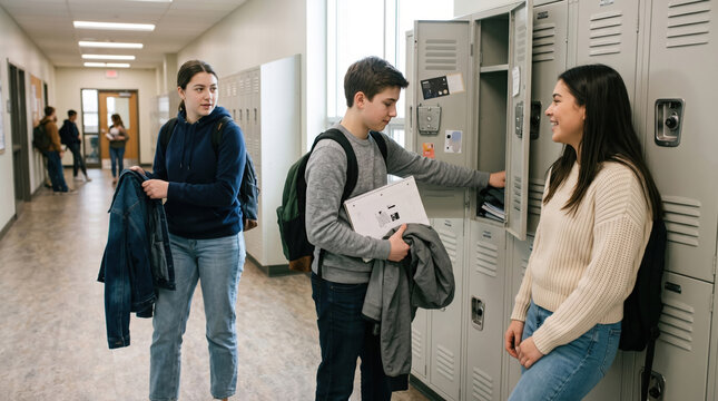 Students chatting in school hallway by lockers after class