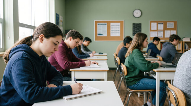 Focused student group studying at desks in classroom