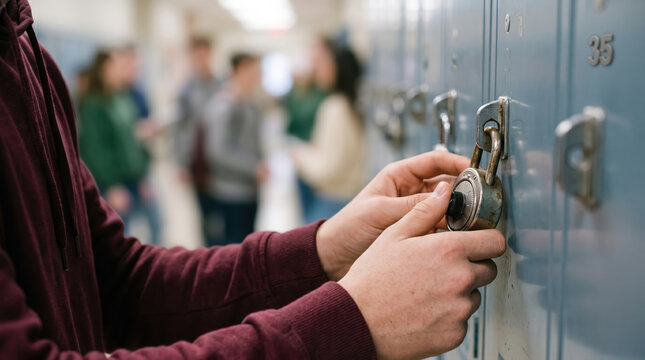 Student opening A locker combination lock during class break