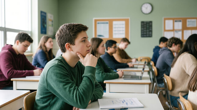 Student group attentively learning in classroom lesson