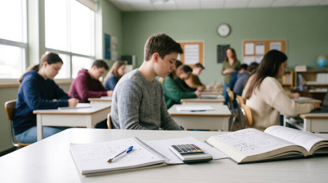 Students working at desks while teacher leads class lesson
