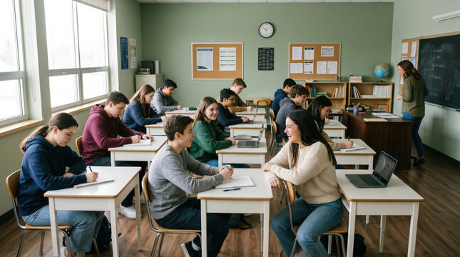 Students writing notes and chatting in modern classroom