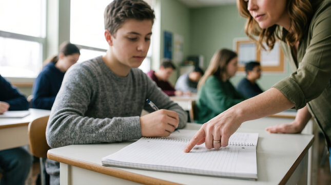 Teacher guiding student drawing in notebook during lesson