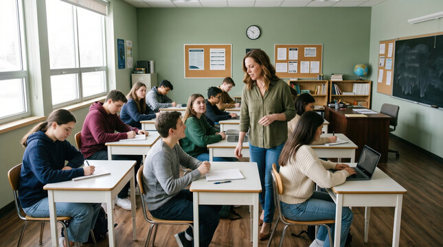 Teacher guiding students taking notes and using laptops