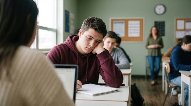 Tired male student leaning on hand during classroom lesson