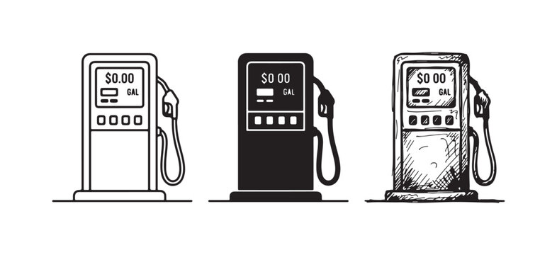 Gas pump with zero dollars and gallons display icon set, presented in line art, silhouette, and hand-drawn sketch styles.