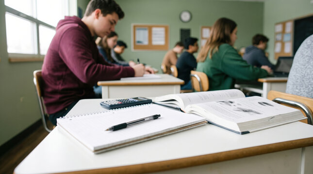 Student taking exam in classroom with book and calculator