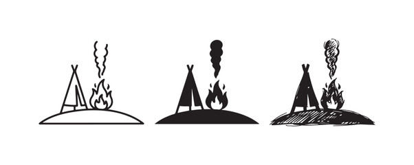 Two Teepees and Campfire Icon Set: Native American Style Outdoor Scene in Outline, Solid, and Sketchy Doodle Styles © Ірина Гринюк