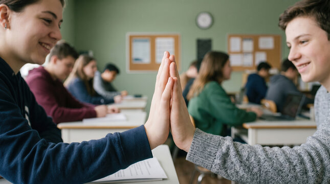 Students engage in a hand game during class in a classroom setting