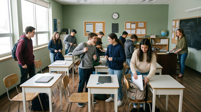 Students prepare for class as teacher hands out papers