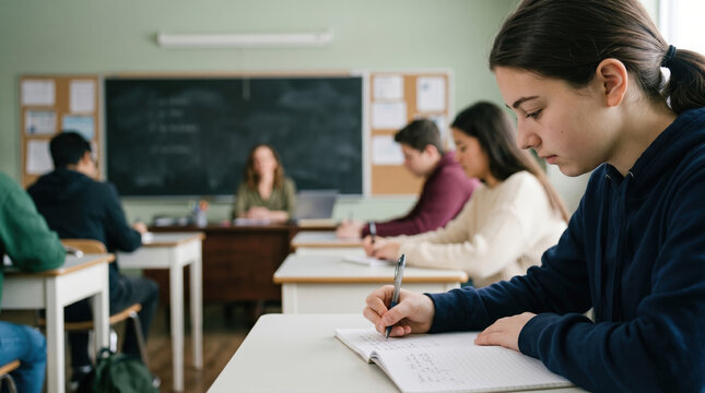 Student taking notes as teacher leads classroom lesson