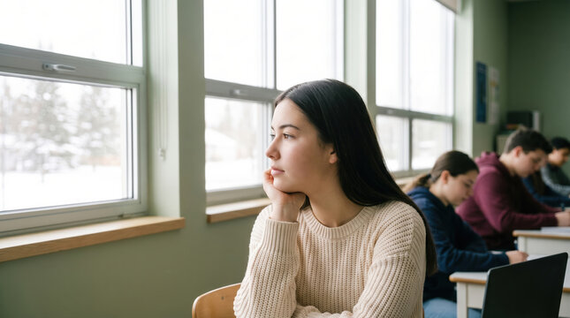 Student gazing out classroom window during winter lesson