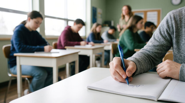 Students taking notes during classroom lesson with teacher