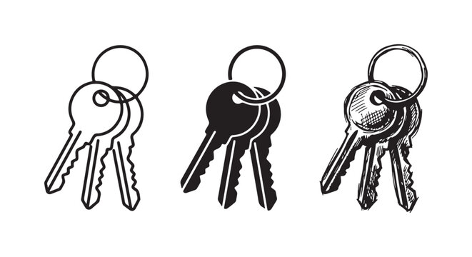 Three styles of a bunch of keys on a keyring: outline, solid black silhouette, and detailed hand-drawn sketch, symbolizing security and ownership.