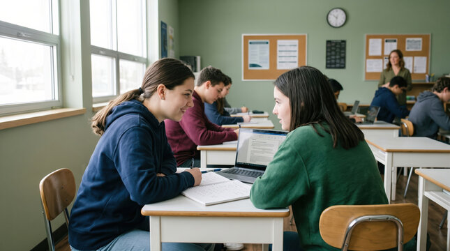 Female students collaborate on assignment in classroom