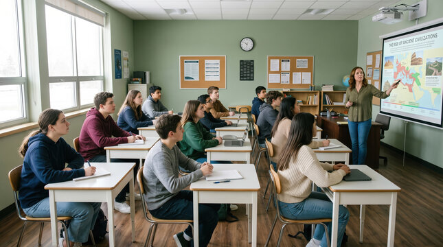 Diverse students learn geography with maps on projector